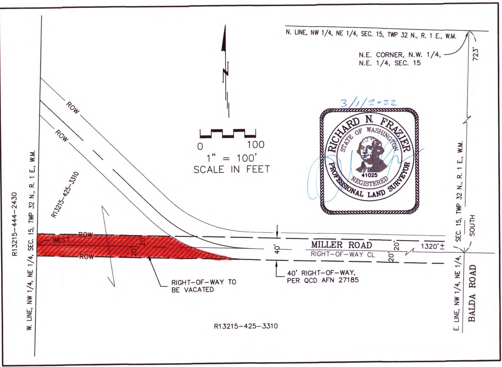 This diagram shows the portion of the Miller Road right-of-way Island County commissioners voted to vacate in a meeting April 5. (Island County image)