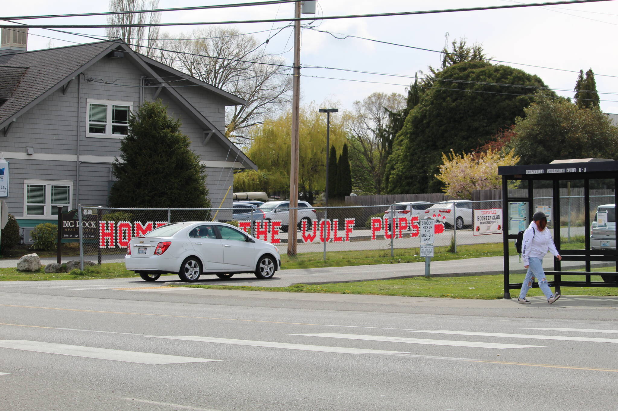 Parents and guardians pick their children up from Coupeville Elementary School. The town will soon install flashing beacons to make the crosswalk safer for pedestrians during traffic-heavy pick-up and drop-off hours. (Photo by Karina Andrew/Whidbey News-Times)