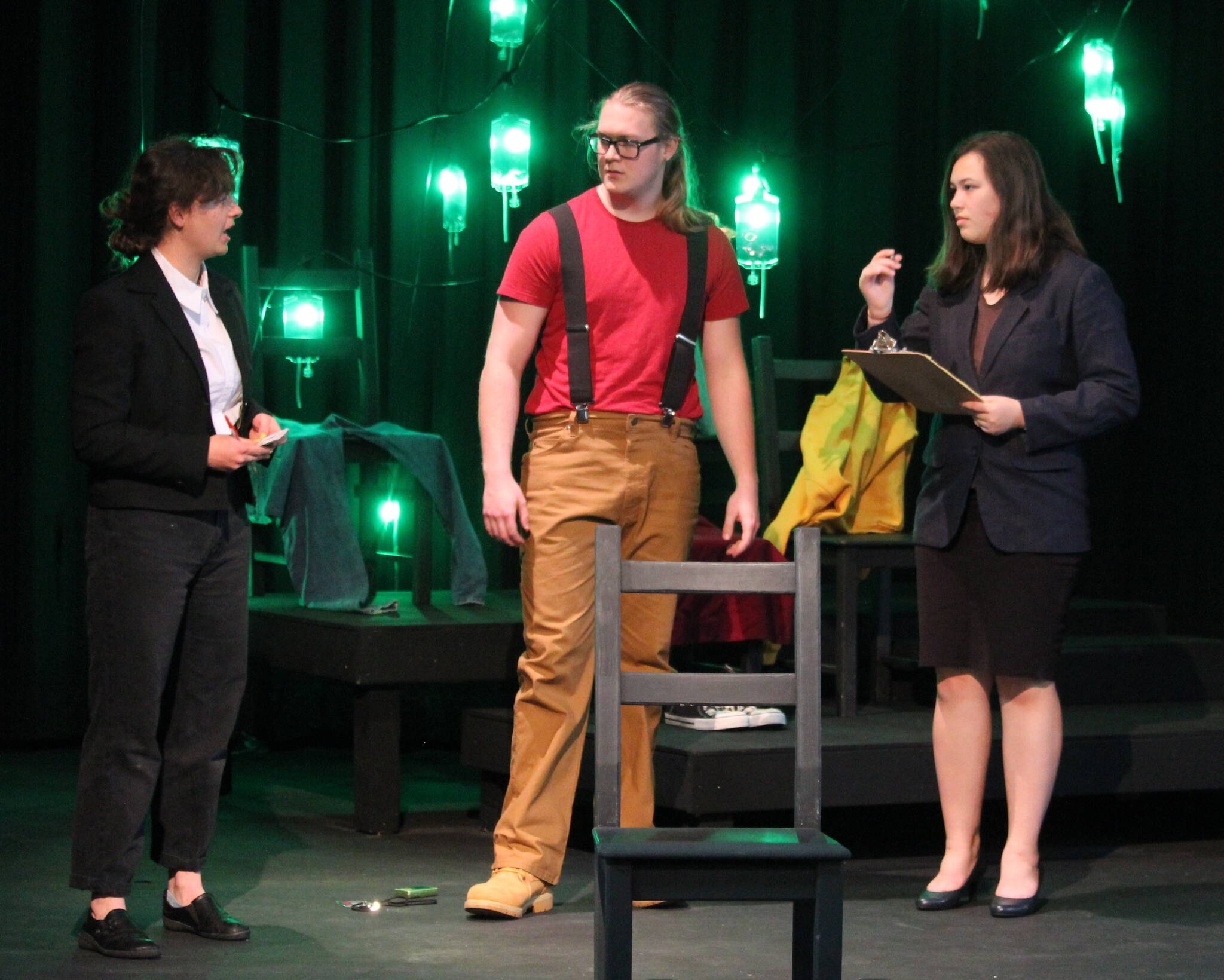 Photos by Karina Andrew/Whidbey News-Times
From left, Noelle Daigneault, Brian Casey and Elizabeth Lo rehearse for the WolfPac Theater Troupe’s spooky one-act play.