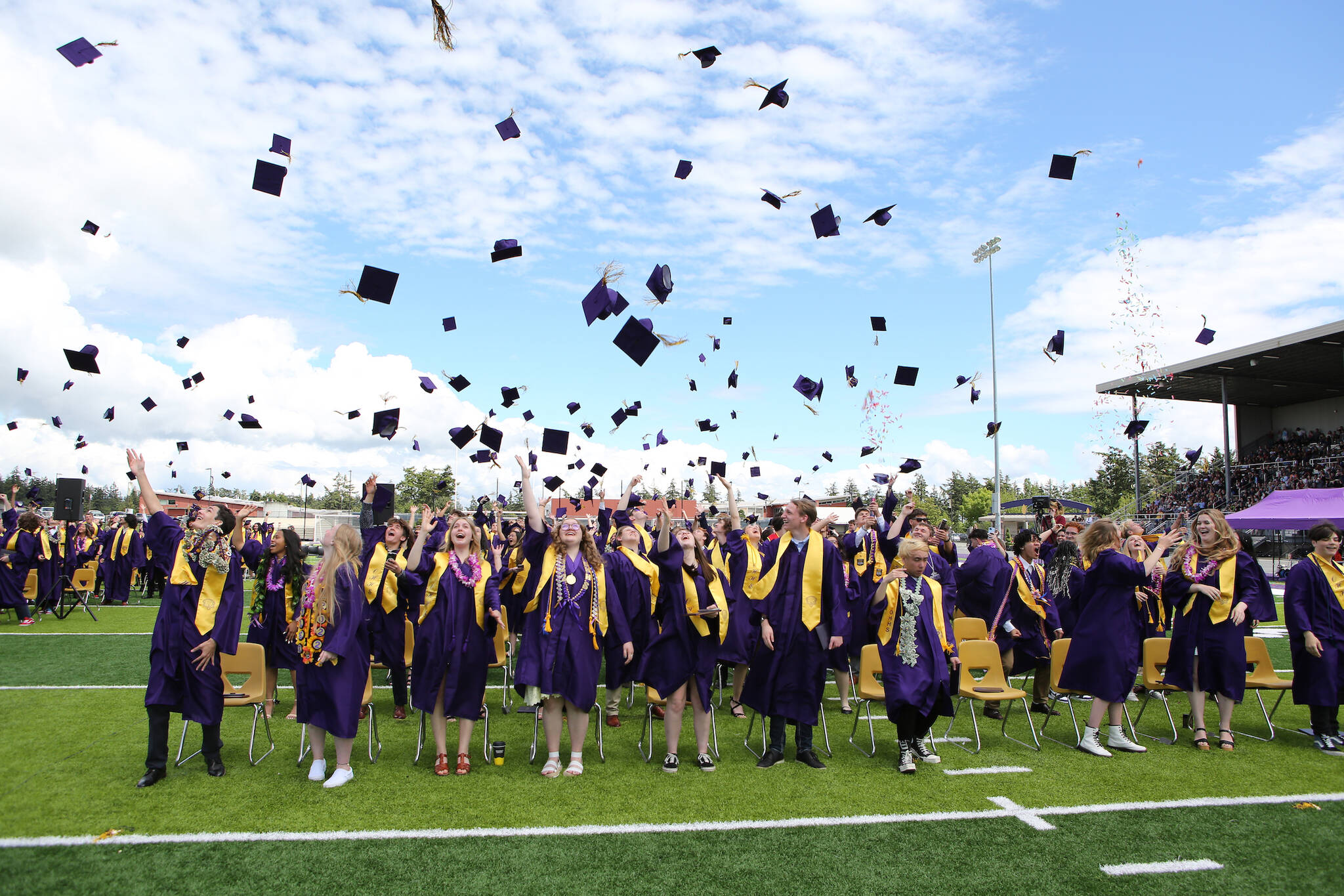 Photo by John Fisken
Oak Harbor High School students celebrate graduation the traditional way.