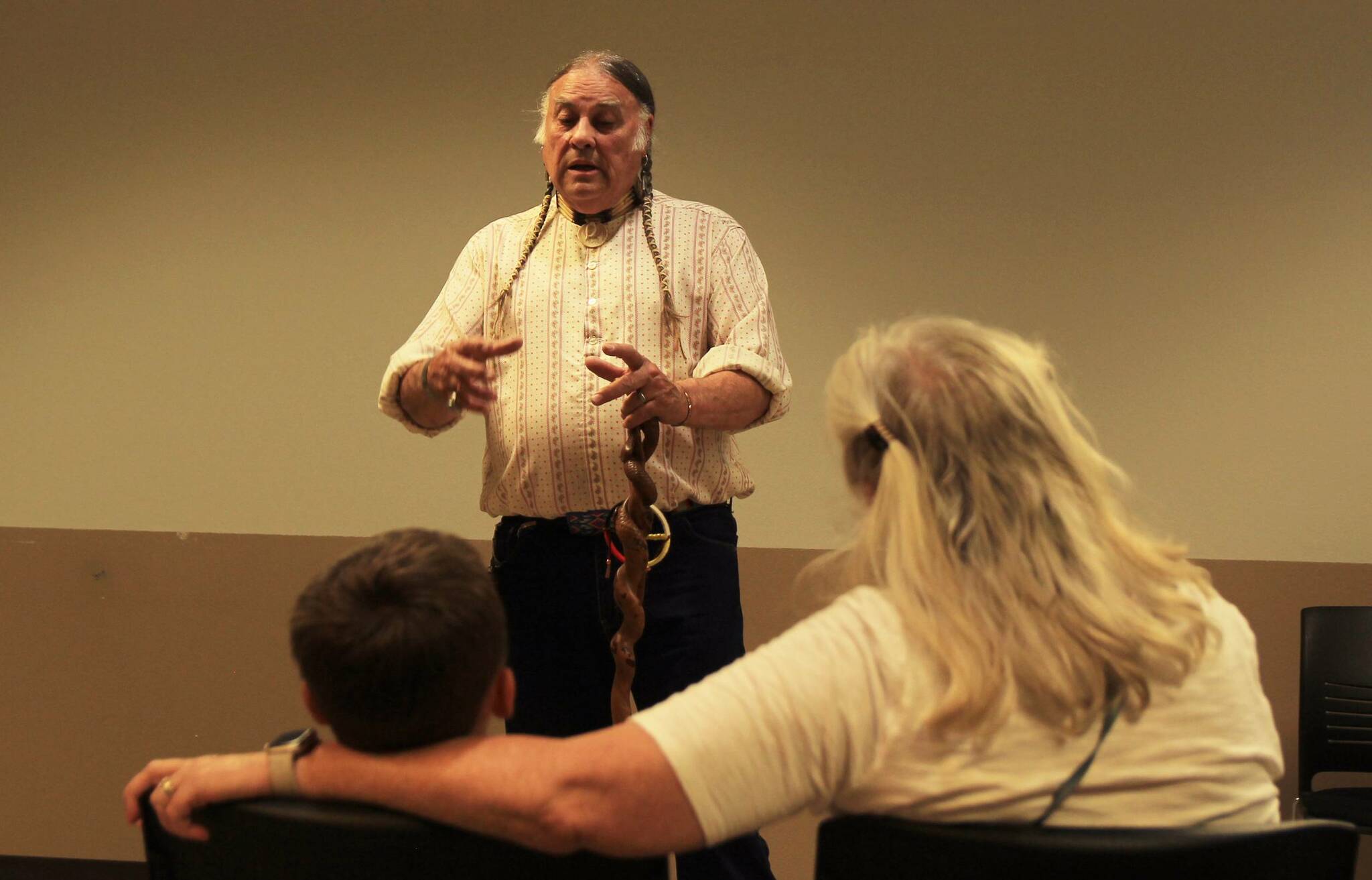 Louis LaBombard speaks during a storytelling event at the library. (Photo by Luisa Loi/Whidbey News-Times)