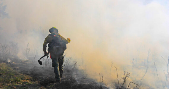 A firefighter walks across the thick smoke holding a shovel. (Photo by Luisa Loi/Whidbey News-Times)