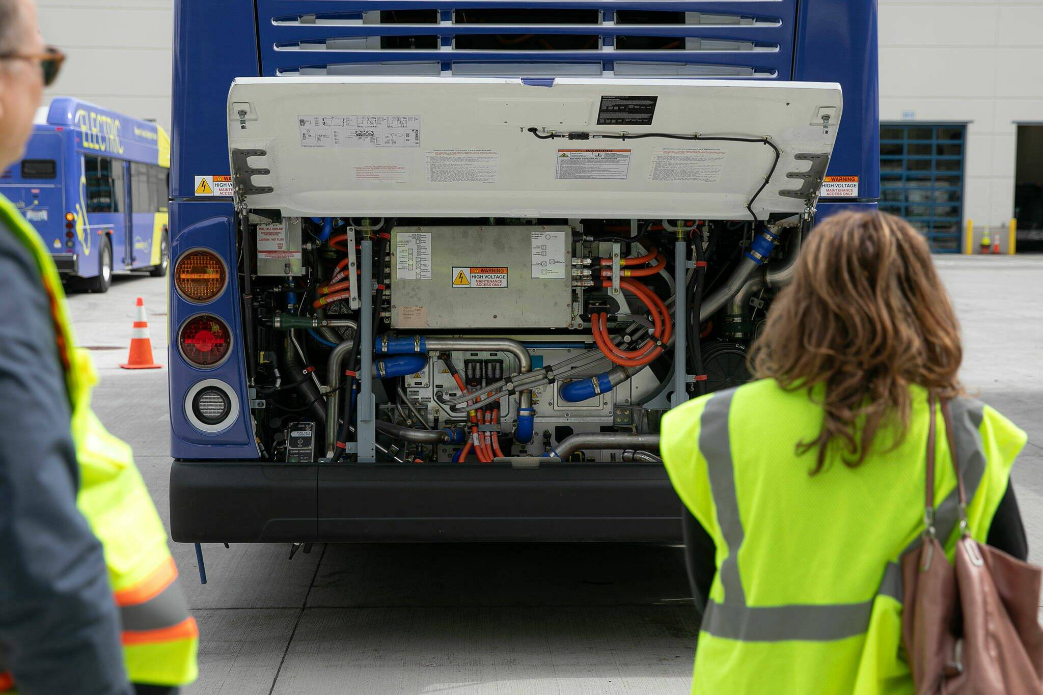 The hydrogen-powered guts of a new zero-emission Community Transit bus are seen under an open hood at the Community Transit Operations Base in Everett. (Photo by Ryan Berry / The Herald)