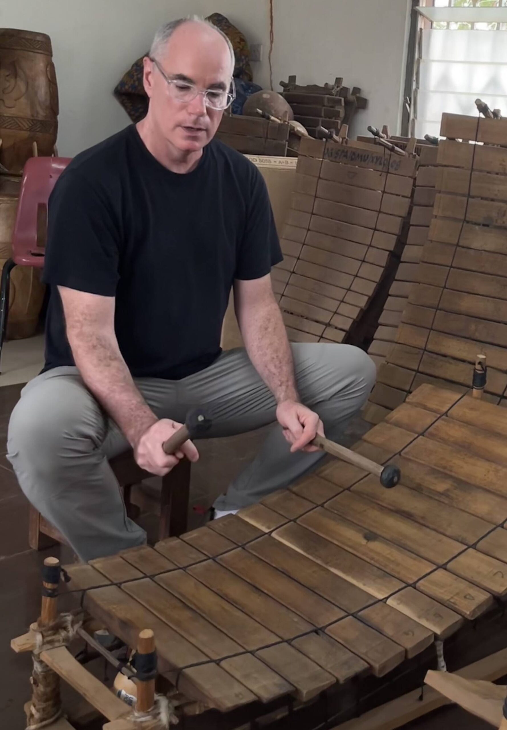 Patrick Roulet plays the Ghanaian xylophone known as “Gyl.” (Photo provided)