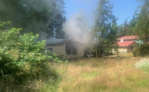 Photo provided by South Whidbey Fire/EMS
Firefighters responded to a blaze at an East Harbor Road address Friday.