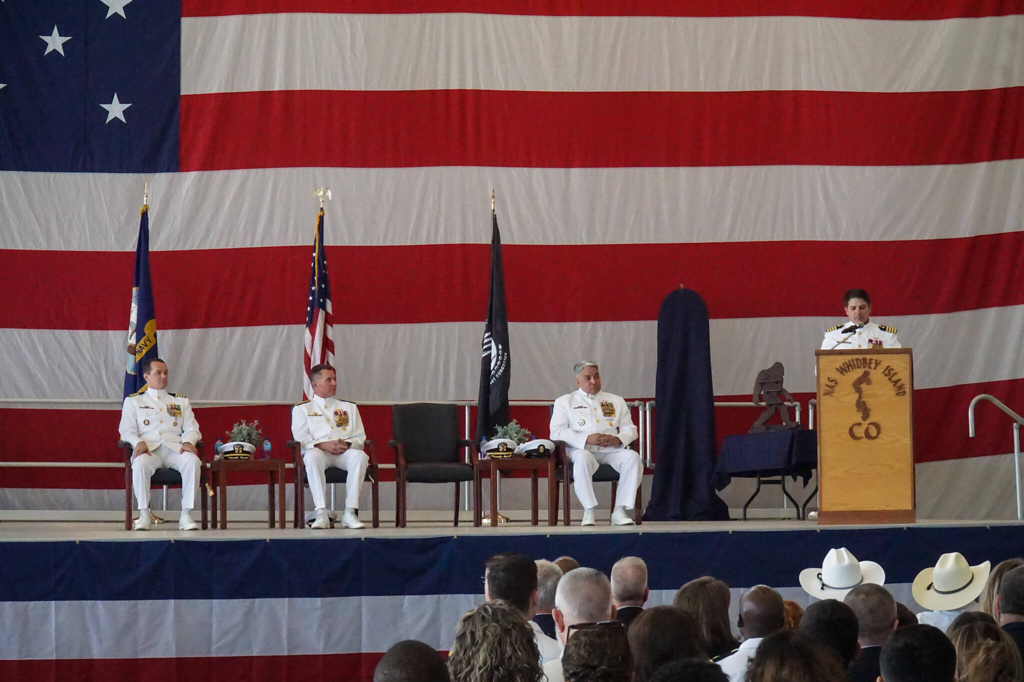 Commanding Officer Capt. Eric Hanks addresses Naval Air Station Whidbey Island for the last time. (Photo by Sam Fletcher)