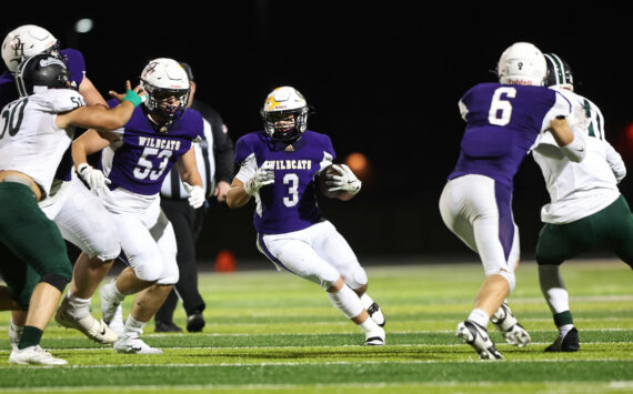 Photo by John Fisken
Oak Harbor’s Jayson Champignon runs with the ball during the Wildcats 49-21 victory Oct. 11 against Mount Vernon. Oak Harbor has an overall record of 6-1 and wraps up their regular season Friday hosting North Kitsap.