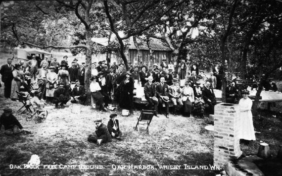 Oak Park Free Camp Ground, Oak Harbor Whidbey Island community 
gathering in “Oak Park” which later became what we know today as Smith Park. (Island County Historical Society, Library and Archives, 2014.11.08a)