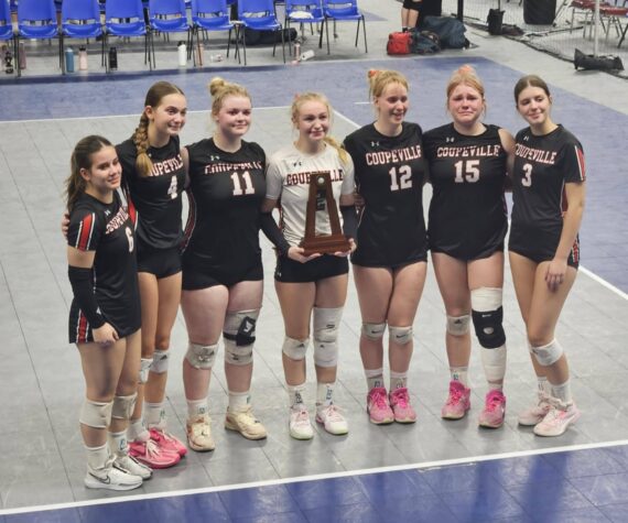 Photo provided
Seniors of the Coupeville High School volleyball squad pose with their trophy.