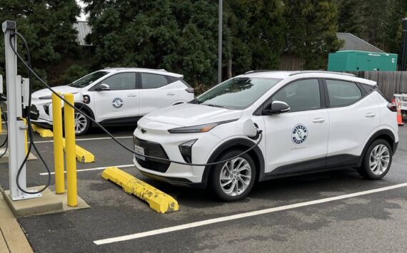 Photo provided
Level 2 electric vehicle charging stations power up Island County vehicles outside of the Camano Island administration building.