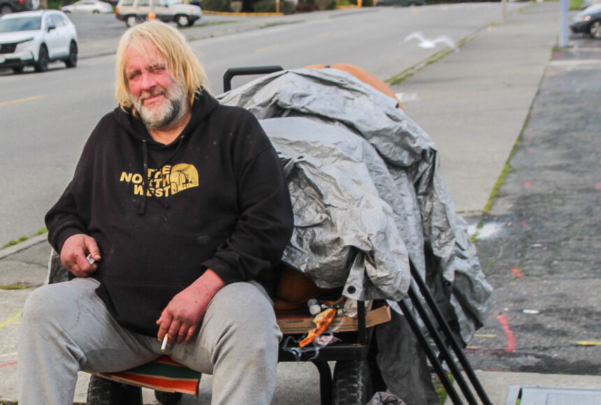 <p>(Photo by Luisa Loi/Whidbey News-Times)</p>
                                <p>Jeff Pangburn, 55, sits on his cart on Southwest Barlow Street in Oak Harbor.</p>