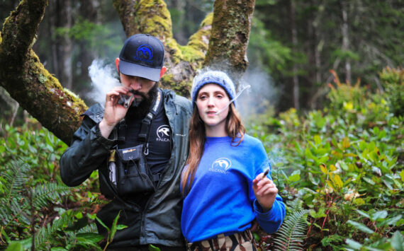 Justin and Bethany Rondeaux, falconers and cannabis growers, smoke together. (Photo provided)