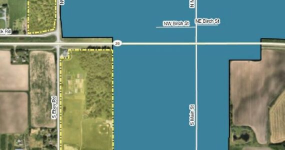 The small yellow rectangle on the top left corner of this map shows the "Five-Acre Woods." The school district's parcel, which measures 21.27 acres, is located on the other side of the intersection. (Map provided by the Town of Coupeville)