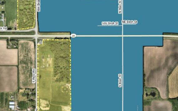 The small yellow rectangle on the top left corner of this map shows the "Five-Acre Woods." The school district's parcel, which measures 21.27 acres, is located on the other side of the intersection. (Map provided by the Town of Coupeville)