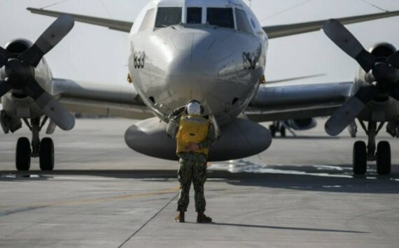 Photo provided
A U.S. Navy EP-3E Airborne Reconnaissance Integrated Electronic System (ARIES) II, assigned to the “World Watchers” of Fleet Air Reconnaissance Squadron 1 (VQ-1), prepares to take flight within the U.S. 5th Fleet area of operation.