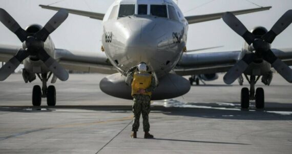 A U.S. Navy EP-3E Airborne Reconnaissance Integrated Electronic System (ARIES) II, assigned to the “World Watchers” of Fleet Air Reconnaissance Squadron 1 (VQ-1), prepares to take flight within the U.S. 5th Fleet area of operation.  (Photo provided)