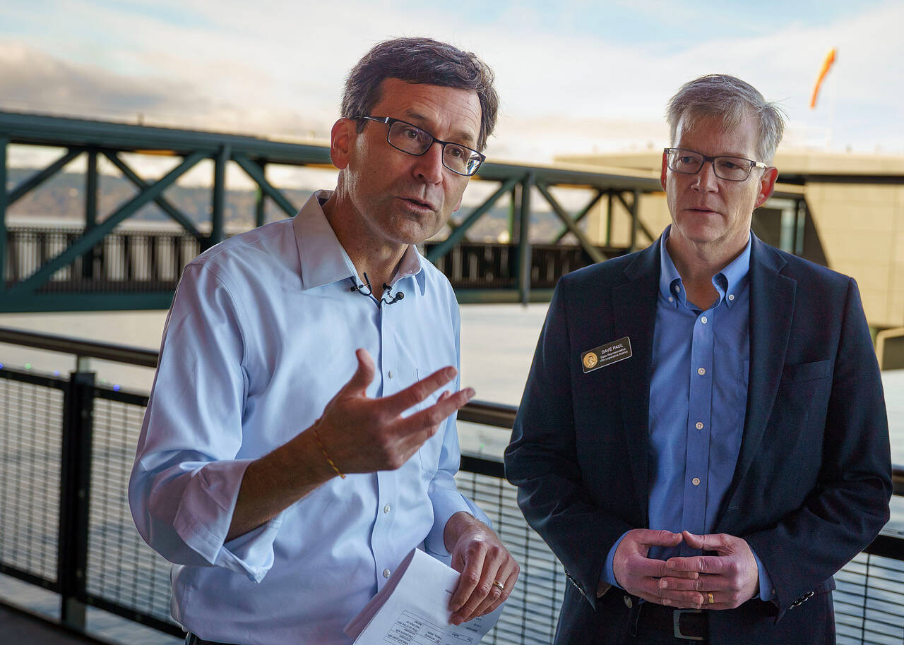 Photo by David Welton
Bob Ferguson was joined by other elected officials, like state Rep. Dave Paul, during a visit to Whidbey Island this week.