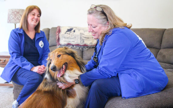 Photo by Luisa Loi
At right, Jayne McKelvy and Julie Cathey compliment Rufus for being a good boy during his annual exam. He was also vaccinated for bordetella (a bacterium associated with respiratory disease) and leptospirosis (an infection that can cause vomiting, lethargy, diarrhea and other symptoms). His owner, Kim Connolly, said skipping the drive to the veterinary clinic was a relief.